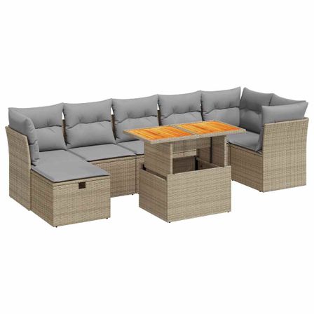 Salon de jardin avec coussins 8 pcs beige résine tressée acacia