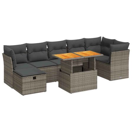 Salon de jardin avec coussins 8 pcs gris résine tressée acacia