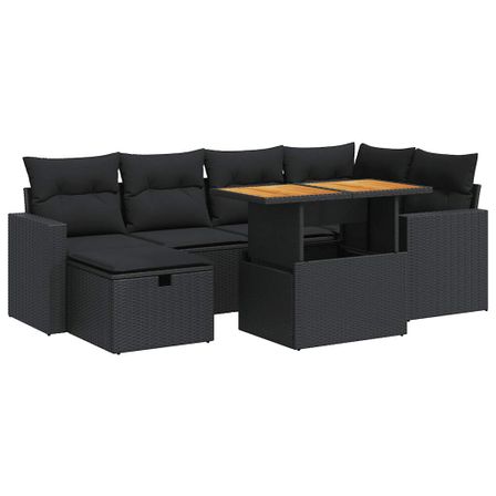 Salon de jardin avec coussins 8 pcs noir résine tressée acacia