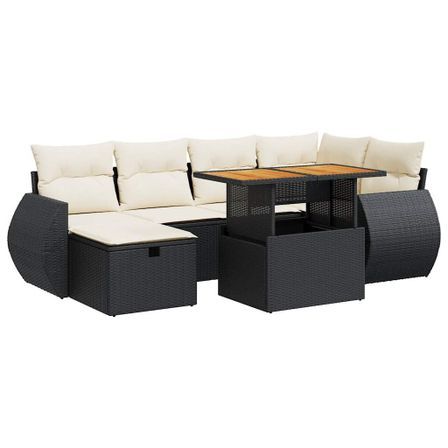 Salon de jardin avec coussins 8 pcs noir résine tressée acacia