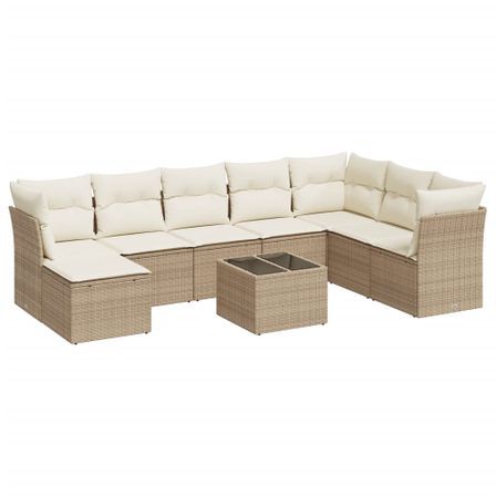 Salon de jardin avec coussins 9 pcs beige résine tressée
