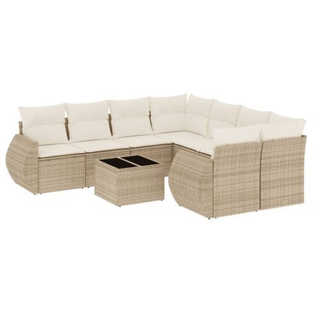 Salon de jardin avec coussins 9 pcs beige résine tressée