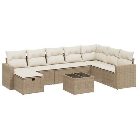 Salon de jardin avec coussins 9 pcs beige résine tressée