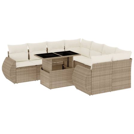 Salon de jardin avec coussins 9 pcs beige résine tressée
