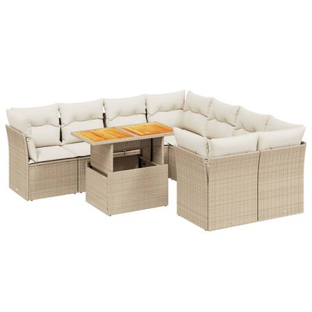 Salon de jardin avec coussins 9 pcs beige résine tressée
