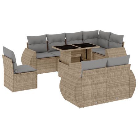 Salon de jardin avec coussins 9 pcs beige résine tressée