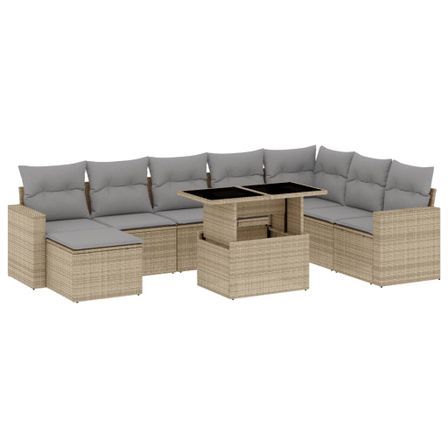 Salon de jardin avec coussins 9 pcs beige résine tressée