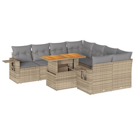 Salon de jardin avec coussins 9 pcs beige résine tressée