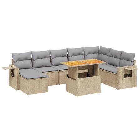 Salon de jardin avec coussins 9 pcs beige résine tressée