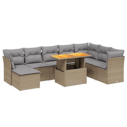 Salon de jardin avec coussins 9 pcs beige résine tressée