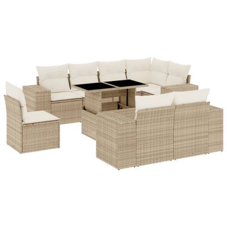 Salon de jardin avec coussins 9 pcs beige résine tressée