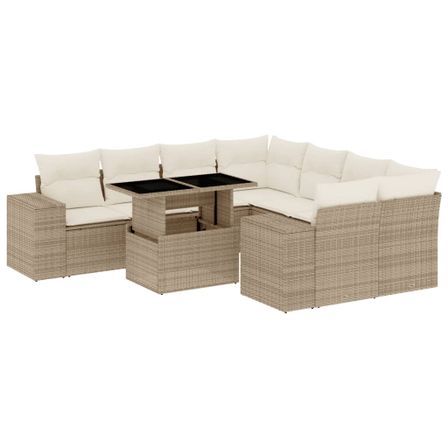 Salon de jardin avec coussins 9 pcs beige résine tressée