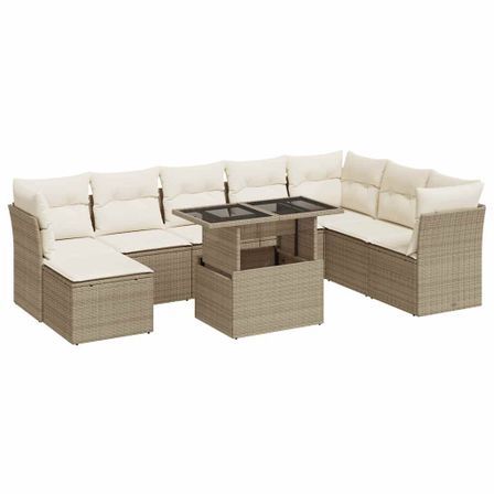 Salon de jardin avec coussins 9 pcs beige résine tressée