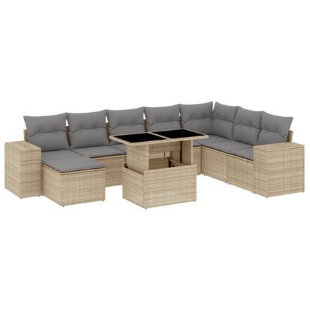 Salon de jardin avec coussins 9 pcs beige résine tressée