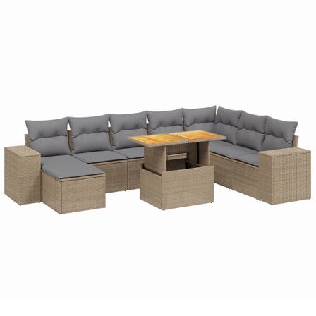 Salon de jardin avec coussins 9 pcs beige résine tressée