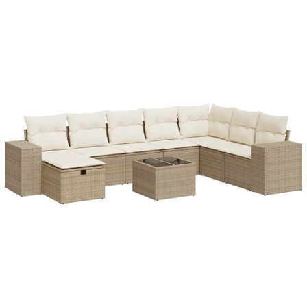 Salon de jardin avec coussins 9 pcs beige résine tressée