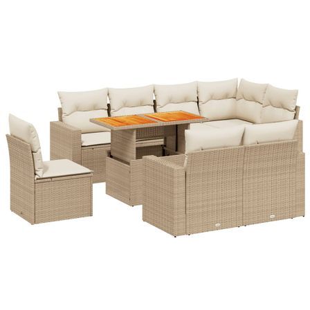 Salon de jardin avec coussins 9 pcs beige résine tressée