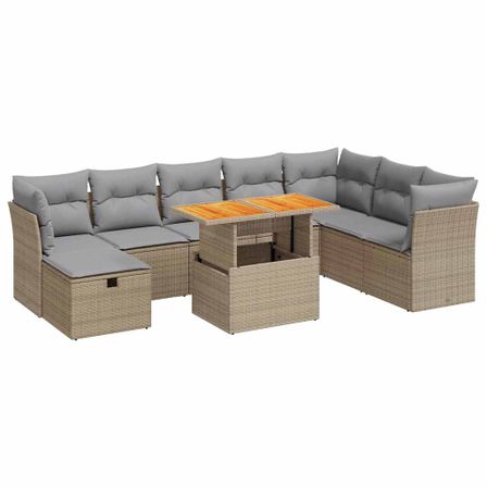 Salon de jardin avec coussins 9 pcs beige résine tressée acacia