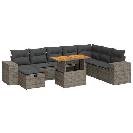 Salon de jardin avec coussins 9 pcs gris résine tressée acacia