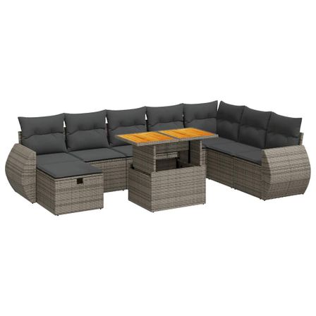 Salon de jardin avec coussins 9 pcs gris résine tressée acacia