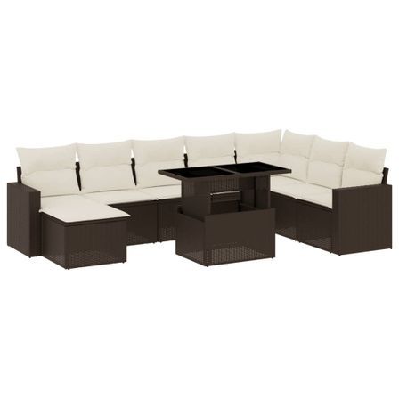 Salon de jardin avec coussins 9 pcs marron résine tressée