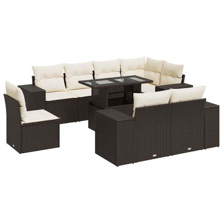 Salon de jardin avec coussins 9 pcs marron résine tressée