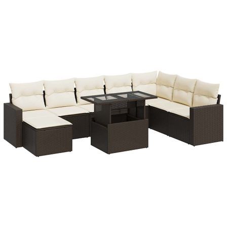 Salon de jardin avec coussins 9 pcs marron résine tressée