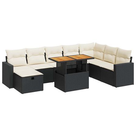Salon de jardin avec coussins 9 pcs noir résine tressée acacia