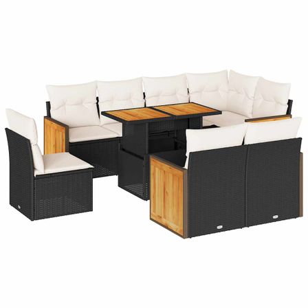 Salon de jardin avec coussins 9 pcs noir résine tressée acacia