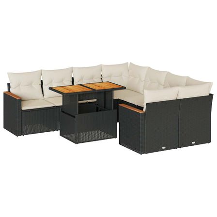 Salon de jardin avec coussins 9 pcs noir résine tressée acacia