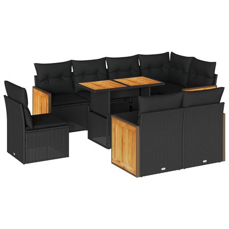 Salon de jardin avec coussins 9 pcs noir résine tressée acacia