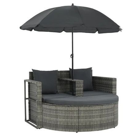 Salon de jardin avec parasol résine tressée et tissu gris Uvo