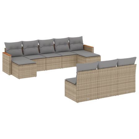 Salon de jardin et coussins 10 pcs mélange beige résine tressée