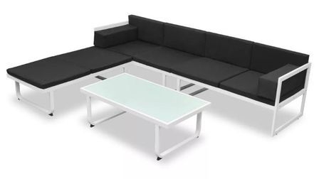 Salon de jardin modulaire 2 canapés métal blanc coussins noir Groove