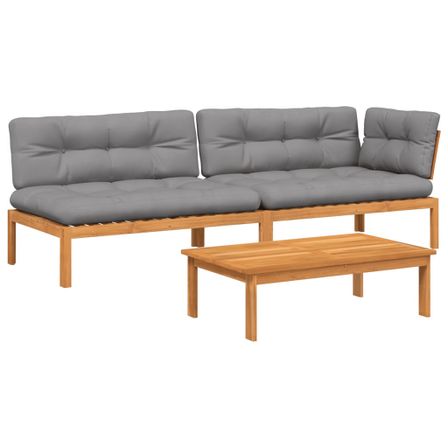 Salon palette de jardin avec coussins 3pcs bois d'acacia massif