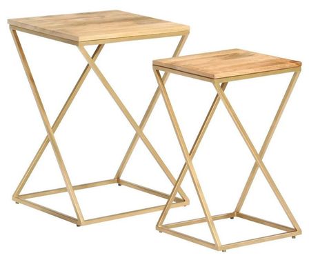 Set de 2 tables d'appoint manguier massif clair et pieds métal doré Blum