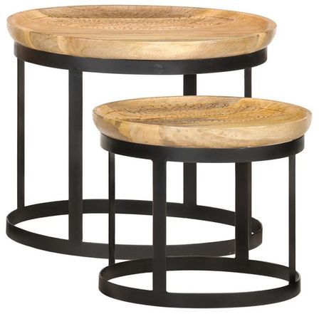 Set de 2 tables d'appoint manguier massif clair et pieds métal noir Kish