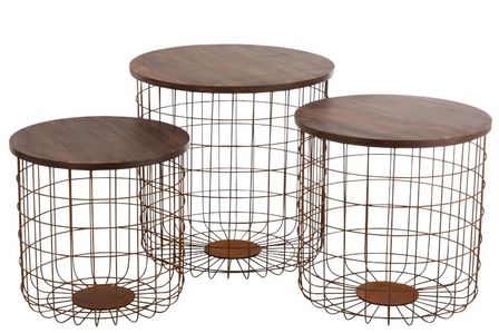 Tables gigognes panier metal rouille et bois de manguier brun foncé Boka