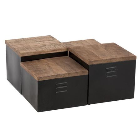 Set de 4 tables basses bois massif foncé et métal noir Cintee