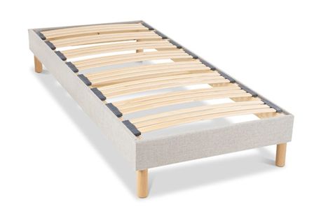 Sommier tapissier tissu gris clair à 24 lattes avec pieds en bois naturel – Alliant qualité, confort et élégance