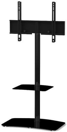 Support TV sur pied orientable avec étagère PL2810 verre trempé et alu noir H 109 cm