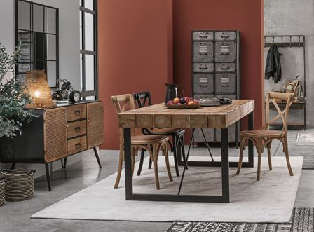 Table à manger BARY 200 cm - Bois de sapin naturel & pieds acier noir - 8 places