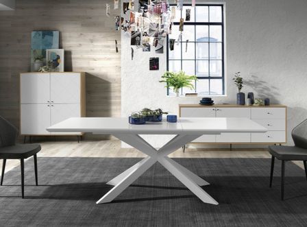 Table à manger design extensible blanc mat et pieds métal blanc Reina 160 à 210 cm
