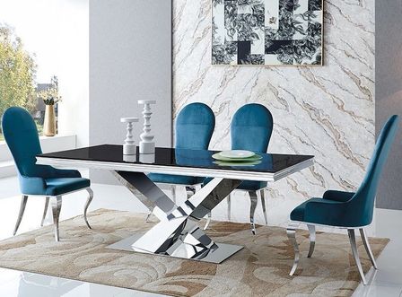 Table à manger design acier poli et verre trempé noir Diza 180 cm