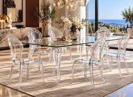 Table à manger design MODINA 180 cm – Structure transparente en polycarbonate et plateau en verre trempé – Fabrication italienne