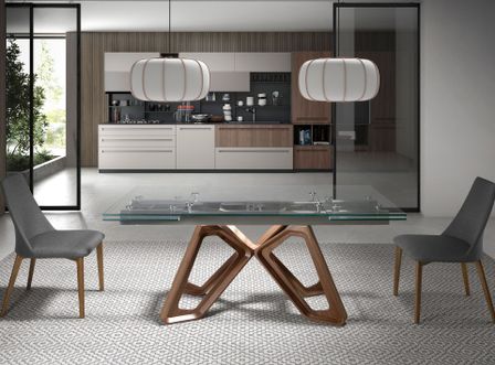Table à manger extensible Venicia 160/240 cm - Plateau en verre trempé et pieds en noyer