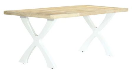 Table à manger manguier massif clair et pieds métal blanc en X courbé Ledor 180 cm
