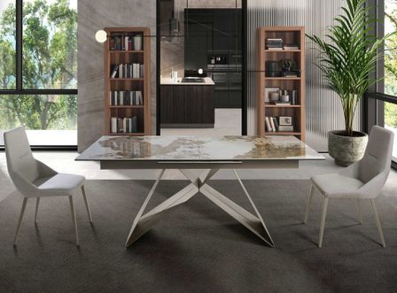 Table à manger ovale extensible Karina L 180/240 cm - Plateau en porcelaine blanche et pied acier marron clair