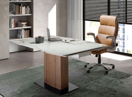 Table à manger ovale extensible Vibora L 160/240 cm - Plateau en porcelaine blanc et pieds noyer