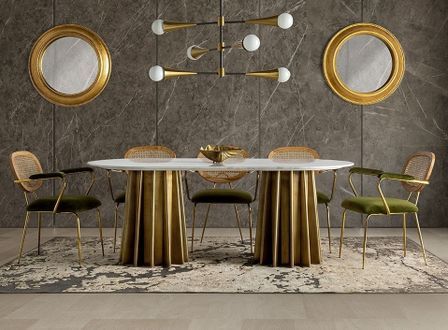 Table à manger ovale MENZA – Marbre blanc & acier doré mat – 200 cm